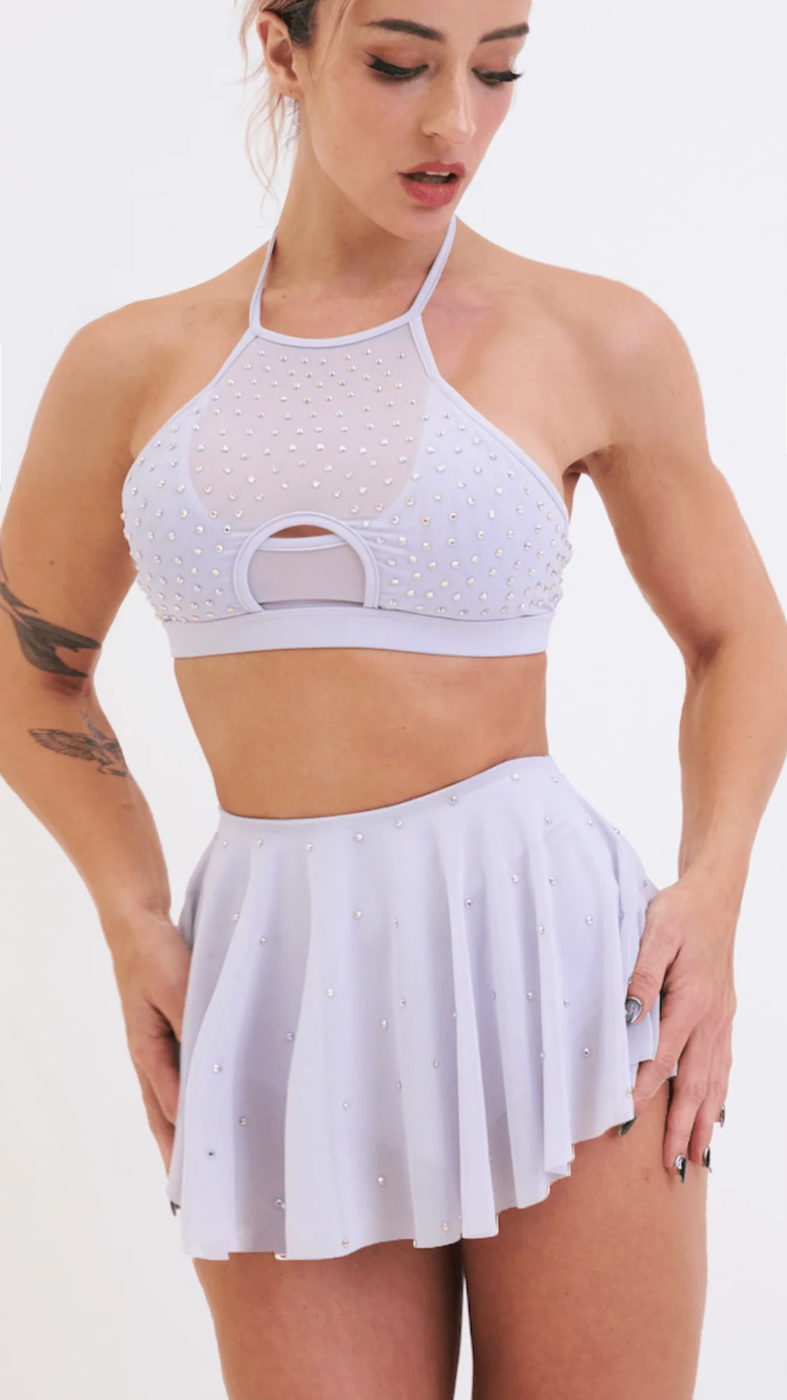 Sarah Mesh Diamante High Waist Skort Lilac - Image 4